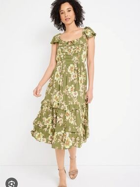Olive Green Floral Tiered Midi Dress